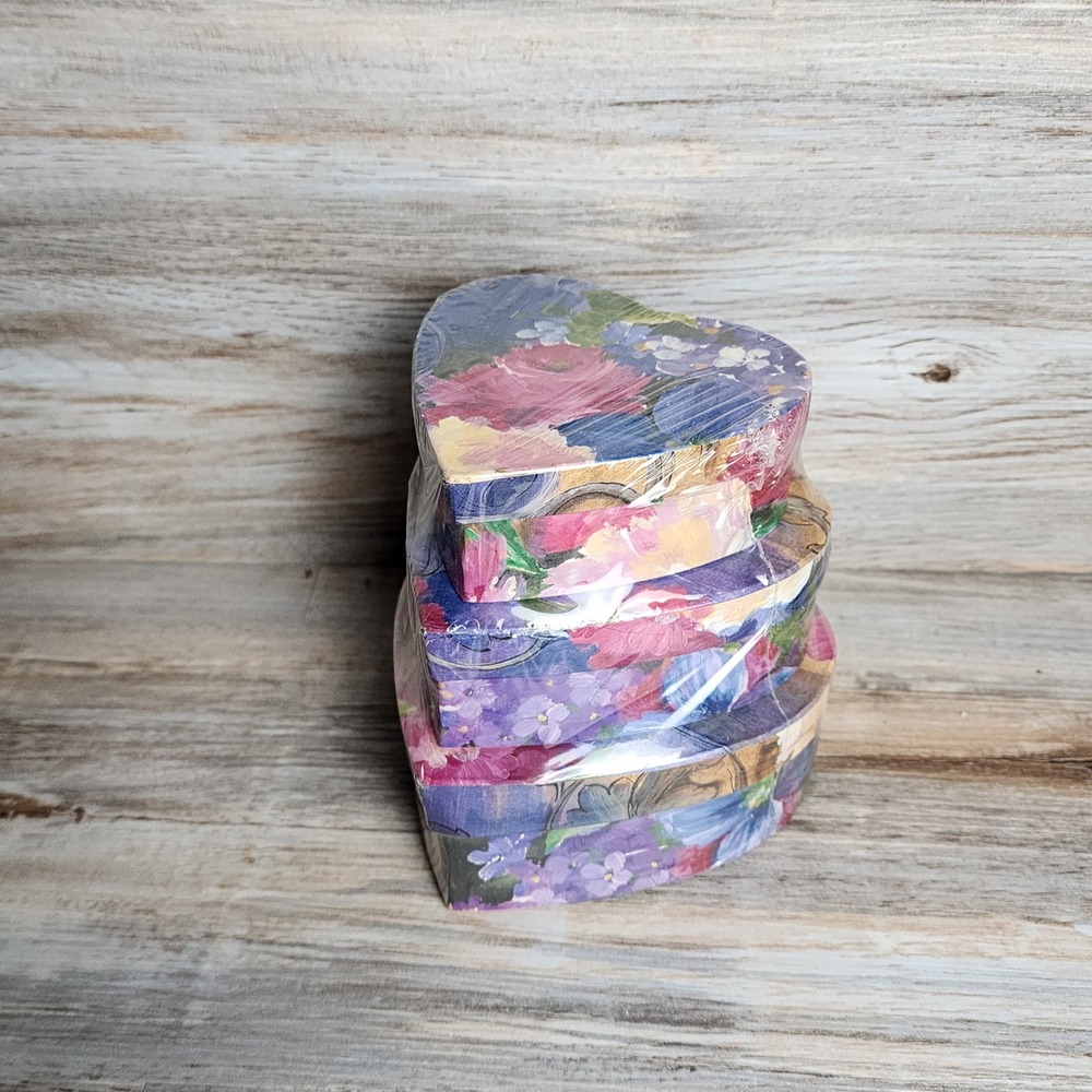 Nesting Heart Shaped Floral Gift Boxes Set of 3 Purple Pink Blue Impressionist